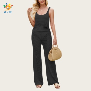 AJB 2026 Nouvelle tenue décontractée tendance <span class=keywords><strong>euro</strong></span>-américaine pour femme : haut sans manches en viscose crochetée couleur unie et pantalon long transparent - Product Image 3