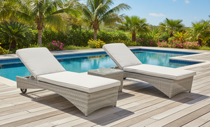 Vietnam Manufacturer Set of Two Adjustable Modern White Grey PE <b>Rattan</b> <b>Sun</b> <b>Loungers</b> with Adjustable Backrest, Removable Cushion - Product Image 5