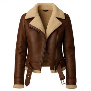 Veste aviateur en cuir d'agneau pour femme, veste bomber en fourrure marron, veste de motard en cuir véritable, coupe-vent, veste d'extérieur pour l'hiver - Product Image 1