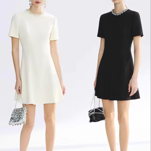 2025 Fashion Women Dresses High Waist O-neck Elegant Short Sleeves Triacetate Dress