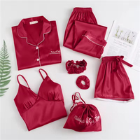 Ensemble de pyjama en satin polaire pour femmes, ensemble de 7 pièces pour la maison avec taille élastique, manches longues, couleur unie, logo sur le devant