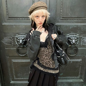 <b>Y2k</b> Women s Leopard Print Lace Splicing Camisole Tank <b>Top</b> Asymmetrical Design Slim Fit Sexy Street Fashion <b>Top</b> - Product Image 2