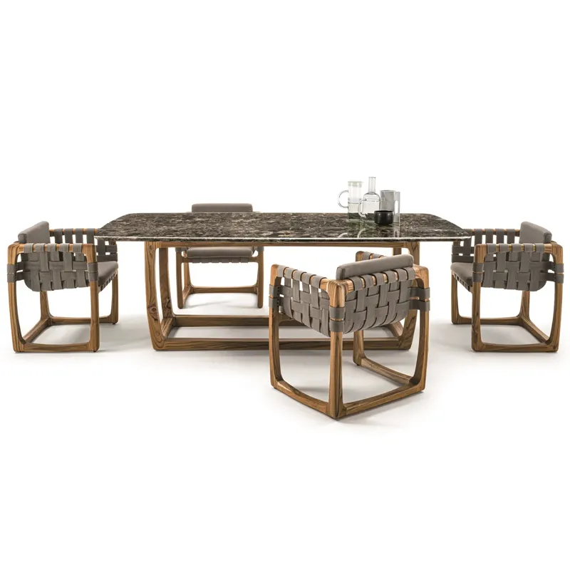 Conjunto exclusivo de mesa e cadeiras para restaurante, mesa de jantar retangular de madeira e mármore, conjunto de jantar para restaurante