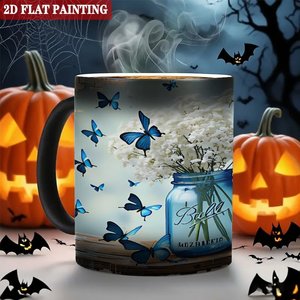 Mug magique en céramique noir givré de 11 oz, changeant de couleur, avec motif de papillons et de fleurs - Product Image 6