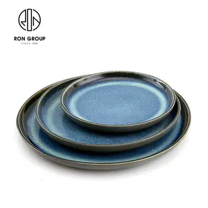 wholesale ocean glazed ceramic restaurant dish customized round dinnerware hand-painted European blue dinner plate