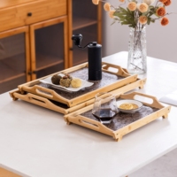 Plateau en bambou écologique et durable avec pieds de support, motif floral de vigne, incrustation en cuir, base en panneau composite pour la maison, le café et le restaurant
