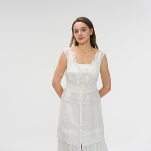 Robes longues décontractées en mousseline de soie pour femmes, brodées de dentelle florale avec fermeture éclair décorative, taille naturelle, grandes tailles, tendance, OEM - Product Image 2