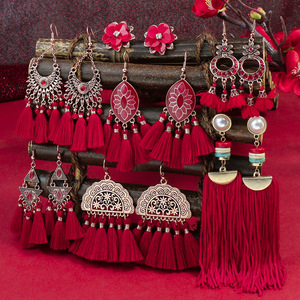 Bohemian <b>Red</b> Tassel <b>Drop</b> <b>Earrings</b> For Women Wedding Fashion Jewelry Zinc Alloy Crystal Rhinestone Bezel Setting - Product Image 1