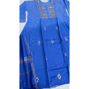 Bleu solide naturel Chikankari brodé à la main pure Mulchanderi soie tunique Kurta Dupatta doux semi-cousu genou-longueur à la main - Product Image 1
