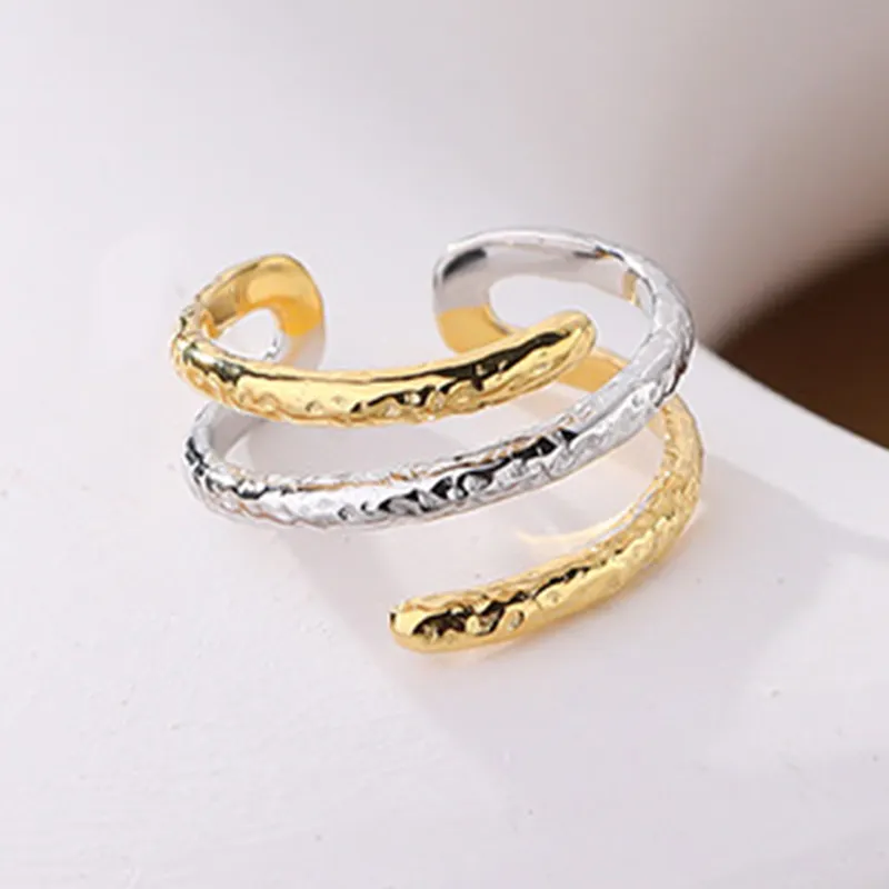 Irregular Gold Silver Mixed Color S925 Sterling Silver Layered Rings Multi Layers 925 Silver Uneven Twisted Open Finger Ring