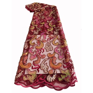 Vestido de fiesta tela de encaje de tul para boda nigeriana tela bordada de lentejuelas de malla africana de alta calidad 100% poliéster - Product Image 1