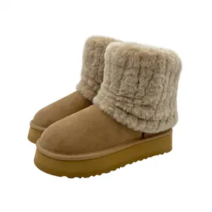 Mulheres de inverno Design Elegante Mini Curto Ankle boots Plataforma Moda Botas Fold-Over Fur Anti-Slip Plataforma De Camurça Botas de neve