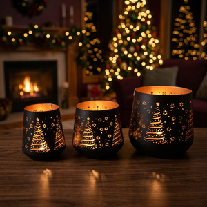 Lanternes porte-bougies en fer noir faites à la main Sonnet Decor avec motif hibou découpé, résistantes à la chaleur, ensemble de décoration de Noël pour la maison - Product Image 1