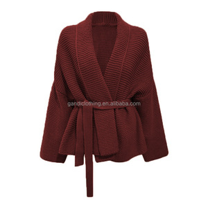 Cardigans de Inverno Elegantes com Cinto, Jaqueta de Gola Reversa Francesa, Cardigans Tricotados de Comprimento Médio para Mulheres - Product Image 5