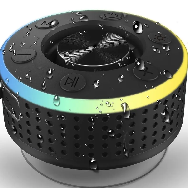 S IPX7 su geçirmez Bluetooth hoparlörler ışık gösterisi ile duş hoparlörler, mikrofon, duş FM radyo, vantuz