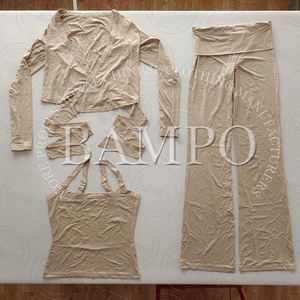 Completo da donna estivo casual con top corto a spalline sottili e <span class=keywords><strong>pantaloni</strong></span> a gamba larga, tinta unita, all'ingrosso - Product Image 6