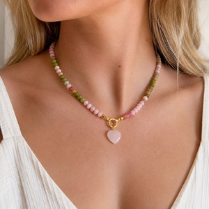 Collar de Acero Inoxidable con Cuentas de Ágata Amarilla de Verano, Hecho a Mano, de Primera Calidad, con Colgante de Corazón Rojo, Regalo - Product Image 4