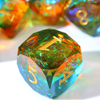 Jeu de dés à bords coupés diamantés OEM, 7 pièces, dés de jeu de rôle en résine orange aurore personnalisés avec feuille de platine flottante