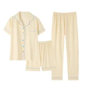 Three-piece Milk Cotton Women's Sleepwear M To 2XL Size Short Sleeve And Pants Pajamas Set