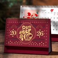Calendrier de bureau personnalisé en papier pour l'année du Cheval 2026 - Rouge - Publicité pour entreprise - Avec horloge - Cadre photo souvenir