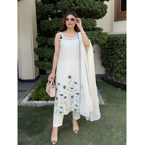 Ensemble Kurta pour femme, coupe classique, en coton impeccable, brodé de motifs floraux, infroissable, séchage rapide, élégant, style ethnique, pour occasions festives et décontractées - Product Image 3