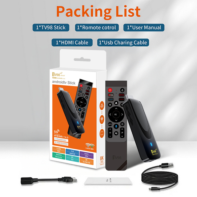 New Design Good Performance TV98 RK3518 Quad Core Stick X7 Model 2GB 16GB 2.4G/5G BT5.0 Android 14 8K Fire Stick