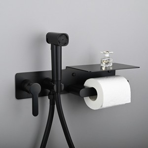 Juego de Limpieza de Inodoro Montado en la Pared <span class=keywords><strong>para</strong></span> Ingeniería Hotelera, Color Negro Mate, con Portarrollos de Papel, Rociador de Bidé Multifunción de Latón - Product Image 1