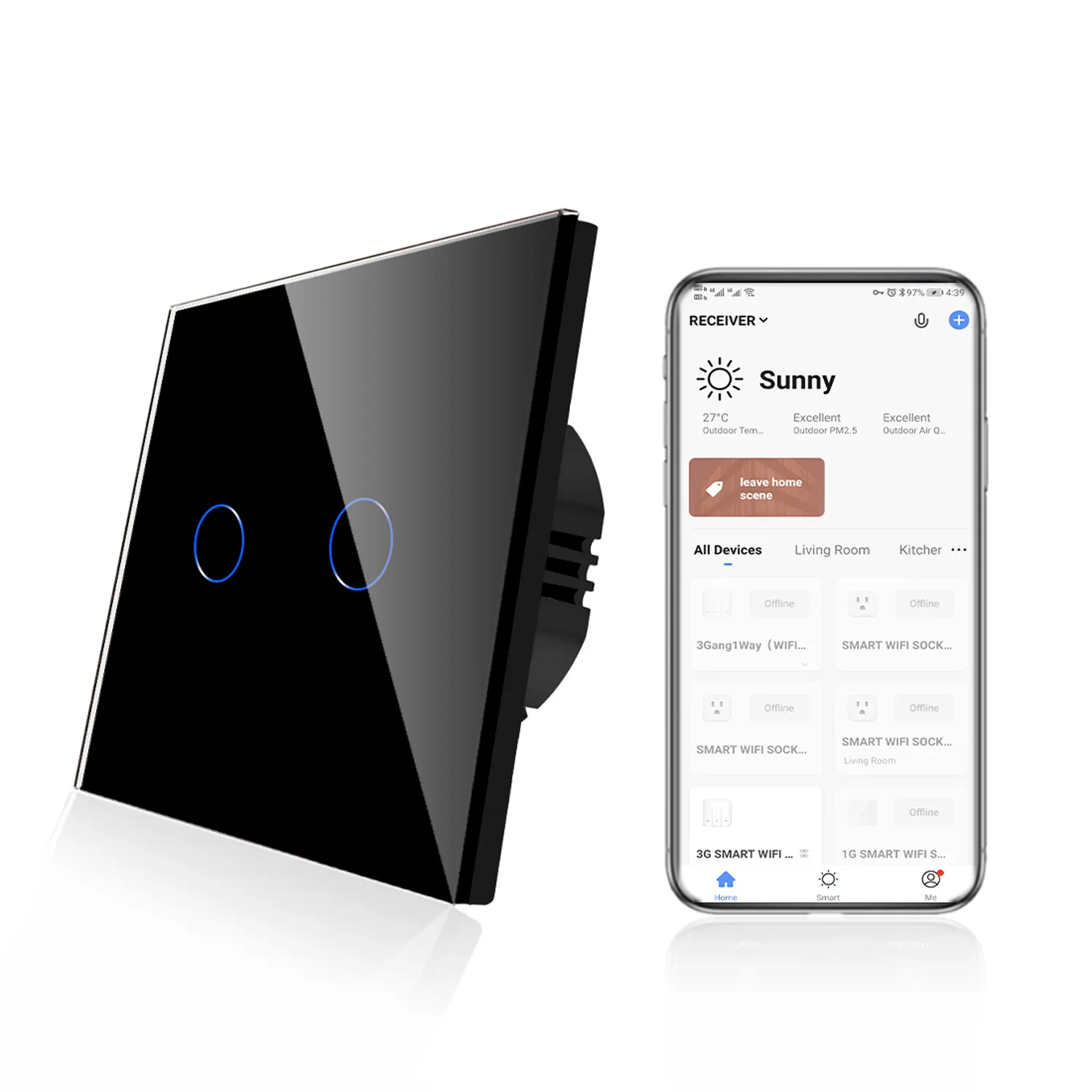 BingoElec New Arrivals WIFI tuya smart Light 2 Gang 1 Way Echo Compatible Touch Smart Wall Switch