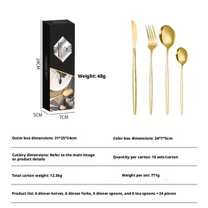 Ensemble de couverts 24 pièces en acier inoxydable, couteau, fourchette, cuillère, baguettes, coffret cadeau portugais (couleur or minimaliste) - Product Image 4