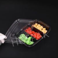 Emballage alimentaire jetable écologique en plastique PET RPET rectangulaire à 3 compartiments de 50 oz, base noire, couvercle transparent, boîte à salade