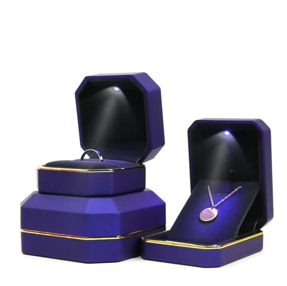 Boîte à bijoux de luxe avec logo personnalisé OEM, couleur bleu foncé, ODM pour bijoux led, à la mode, 2020