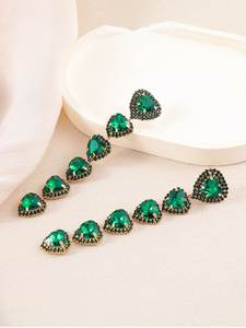 Green or Champagne <b>Glass</b> Heart Shaped Pendants Statement Gold Color Long Drop Earrings for Women <b>Girls</b> Fashion Jewelry - Product Image 3