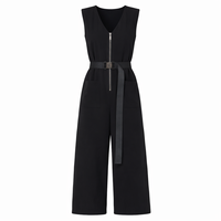 Combinaison Culotte Femme Personnalisée en Mélange Lin Coton Noir, Sans Manches, Col en V, Fermeture Éclair Avant, Jambes Larges, avec Ceinture à Boucle