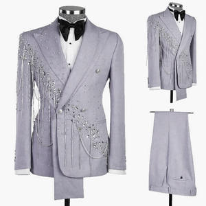 Costume de Mariage Homme en Gros, Revers Pointus, Double Boutonnage, <span class=keywords><strong>Smoking</strong></span> avec Chaîne en Cristal, Tenue de Cérémonie pour le Marié - Product Image 4