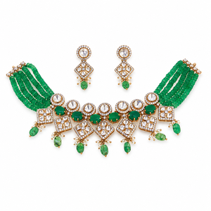 Green Beaded <b>Choker</b> Necklace Set with Crystal Rhinestones 925 <b>Silver</b> Necklace and Earrings Set for Women Green Beads Kundan - Product Image 1