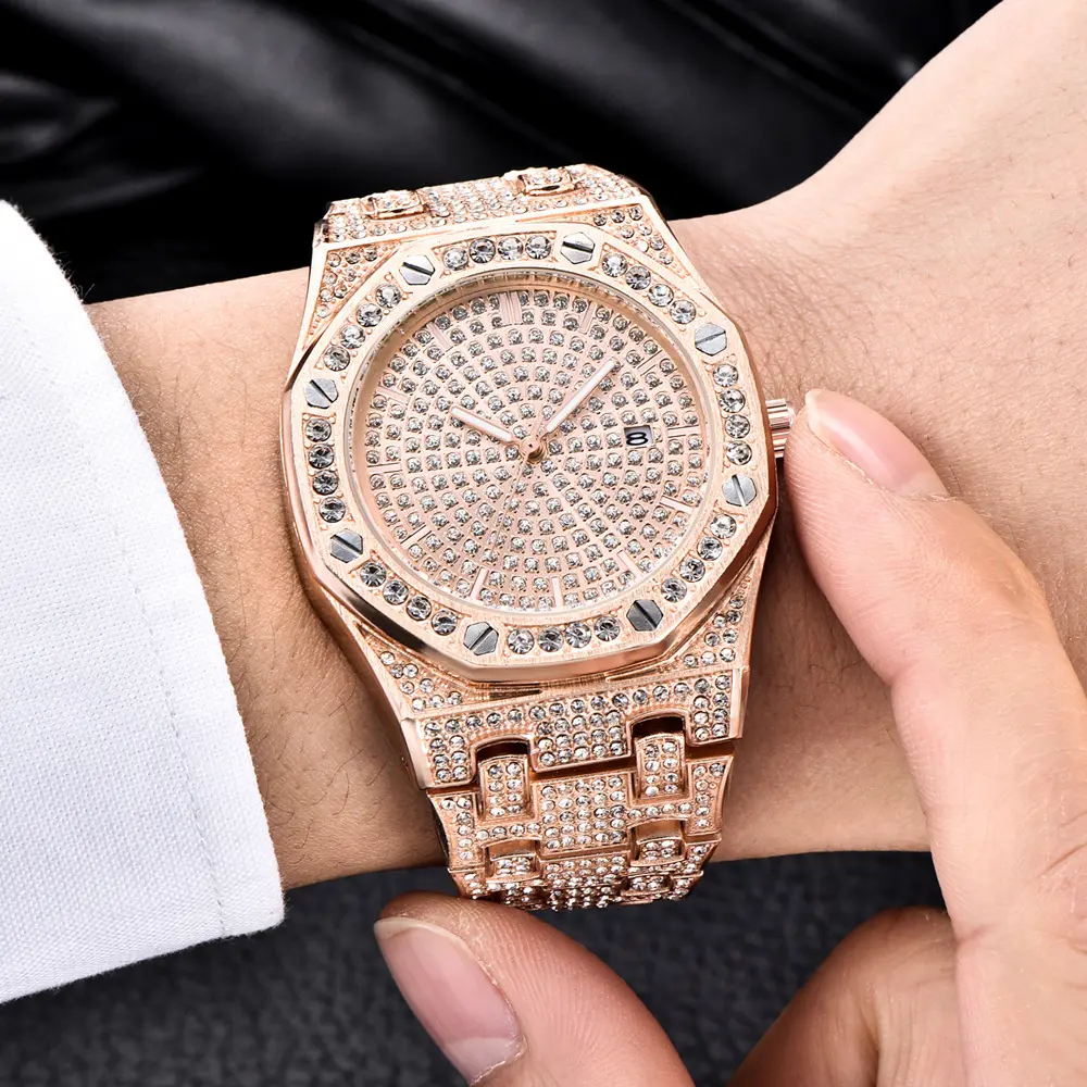 Reloj de cuarzo con diamantes de circonia cúbica para hombre, pulsera de cuarzo con diamantes de imitación, estilo Hip Hop, bañado en oro, de alta calidad