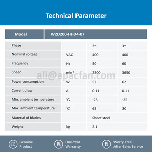 For W2D200-HH04-07 400VAC 2500/2650RPM 52/62W 0.11A 900m3/h Ball Bearing AC Axial <b>Fan</b> 200mm - Product Image 3