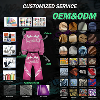 Özel tasarım kapüşonlu sweatshirt takımları Ağır Pamuklu Polar Sokak Giyim Tarzı Y2K Grunge Asit Yıkama Sprey Boya Taşlı Erkek Eşofman Takımı
