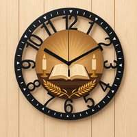 Horloge murale en métal prête à être expédiée, avec chiffres découpés, motif livre ouvert et bougie, pour la décoration murale de salle à manger