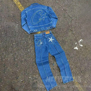 Completo Due <span class=keywords><strong>Pezzi</strong></span> in <span class=keywords><strong>Jeans</strong></span> Personalizzato Set Giacca in Denim con Stampa Lavata Tuta Blu in Denim da Uomo - Product Image 2