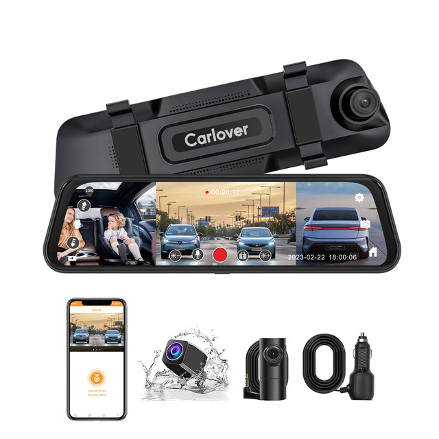 3 Lens Dash Cam with WIFI ADAS BSD 2K Front Rear Cabin Recording Mirror Car Monitor 9.66 Inch Dash Camera for Cars