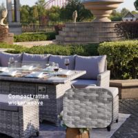Ensemble de canapés d'extérieur en rotin PE avec structure en aluminium moderne de haute qualité et table foyer intégrée pour hôtels, parcs et cours