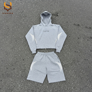 OEM Custom <b>Men</b> <b>Hoodie</b> <b>Shorts</b> <b>Set</b> Streetwear Fleece Paneled Snowflake Embroidered Cropped Top Relaxed Fit Casual Two Piece <b>Set</b> - Product Image 2