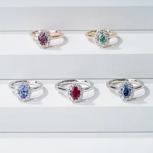 Starsgem Tùy Chỉnh Đồ Trang Sức Vàng Vàng Halo Set Engagement Ring Hình Bầu Dục Cắt Màu Xanh Sapphire Phòng Thí Nghiệm-Grown Đá Quý Solitaire Chính Đá