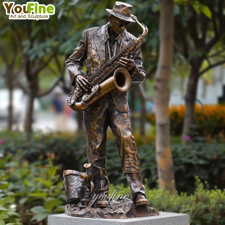Tamaño real Parque al aire libre Jardín Decoración Bronce Fundición Jazz Músico Sax Teléfono Estatua