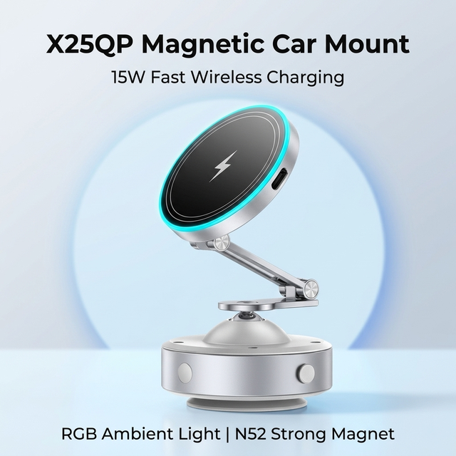15W Wireless Magnetic Charger Mount | Fast Charging | Strong Magnet | 360° Rotation Holder | X25QP Universal Stand