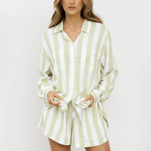 Nuovo <span class=keywords><strong>Pigiama</strong></span> Donna Autunno/Primavera in <span class=keywords><strong>Cotone</strong></span> Traspirante a Maniche Lunghe <span class=keywords><strong>con</strong></span> Colletto e <span class=keywords><strong>Bottoni</strong></span>, a Righe Colorate, Due Pezzi - Product Image 1