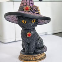 Lampe de Table Chat Noir Gothique Tiffany Vitrail, Abat-jour Chapeau de Sorcière Résine, Veilleuse Halloween Décoration Bureau (