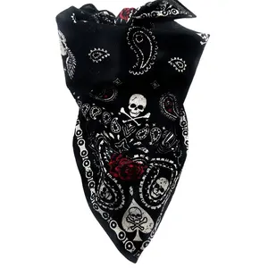 Groothandel Vierkante Katoen Mode Schedel Rose Ghost Custom Design Print Hoofddeksels Sjaal Outdoor Zwarte Bandana