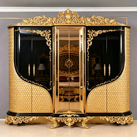 Ensemble de lit et armoire turcs royaux sculptés en bois, élégants, néoclassiques, plaqués or, noirs, taille complète, convertible, rembourré, luxueux